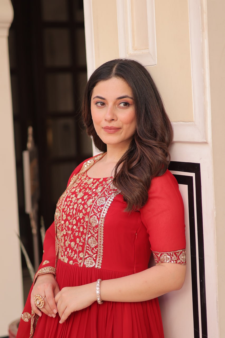 Red Elegant Faux Blooming Embroidered Gown Set with Designer Dupatta