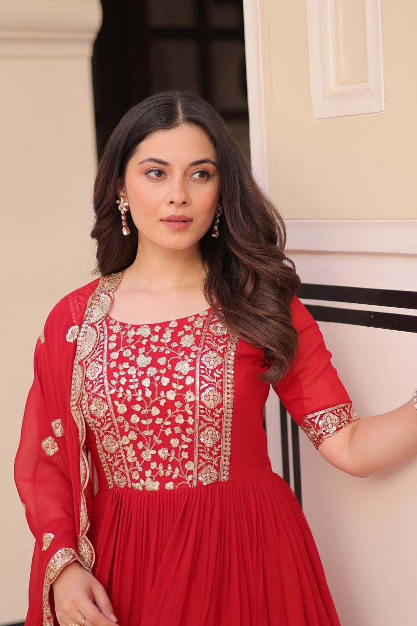 Red Elegant Faux Blooming Embroidered Gown Set with Designer Dupatta