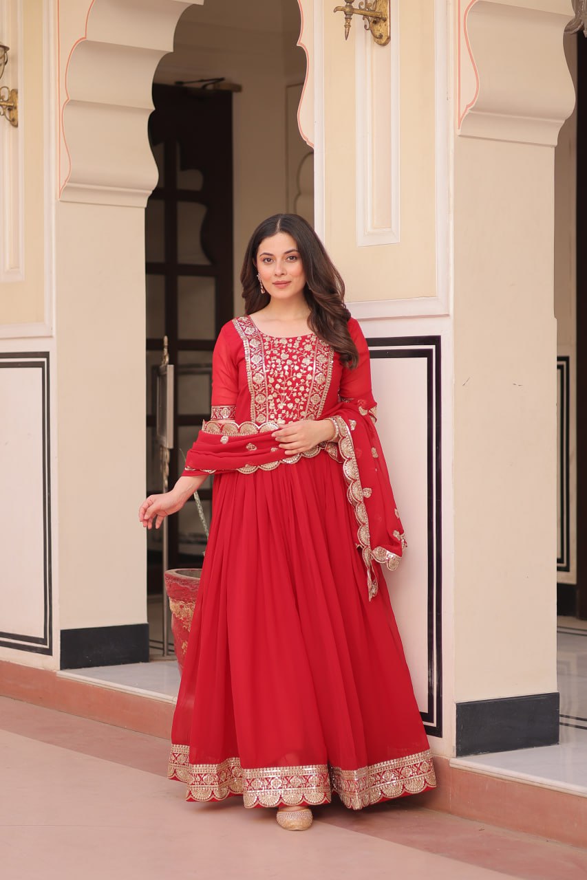 Red Elegant Faux Blooming Embroidered Gown Set with Designer Dupatta