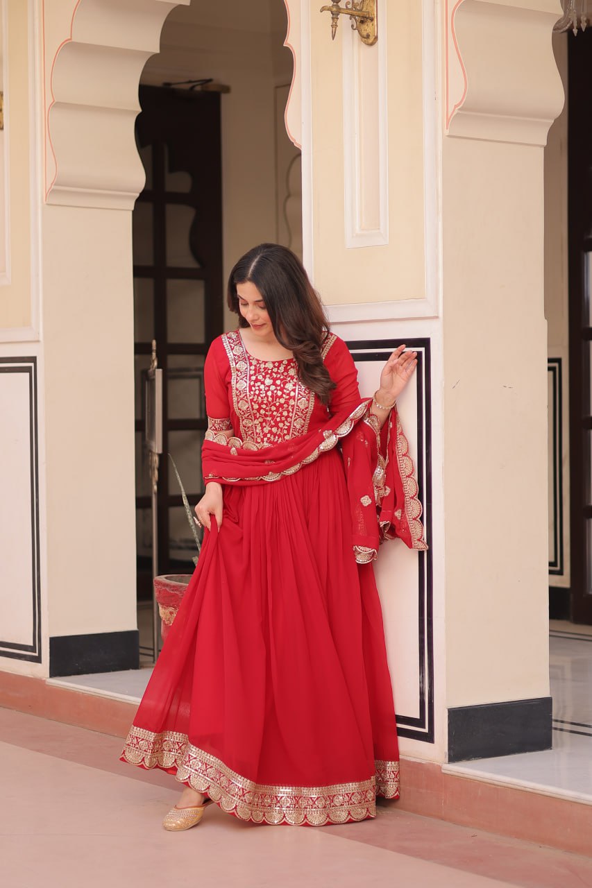 Red Elegant Faux Blooming Embroidered Gown Set with Designer Dupatta