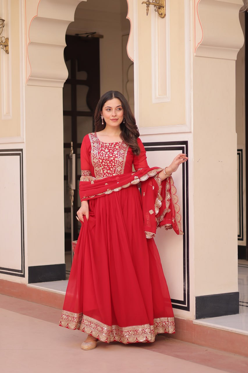Red Elegant Faux Blooming Embroidered Gown Set with Designer Dupatta