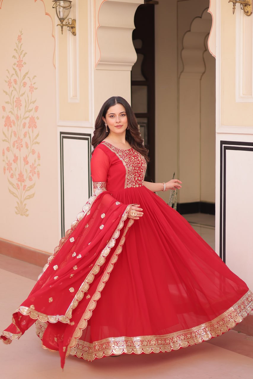 Red Elegant Faux Blooming Embroidered Gown Set with Designer Dupatta