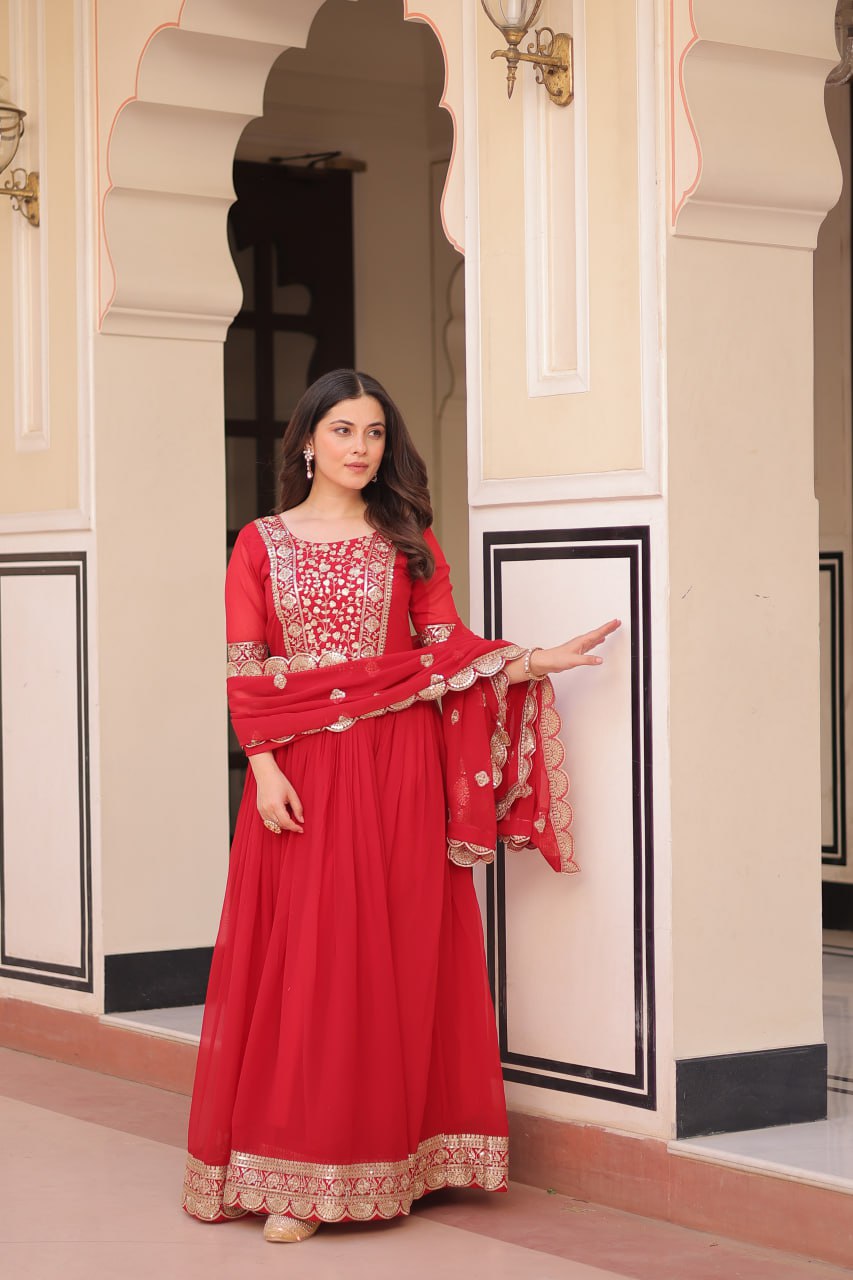 Red Elegant Faux Blooming Embroidered Gown Set with Designer Dupatta