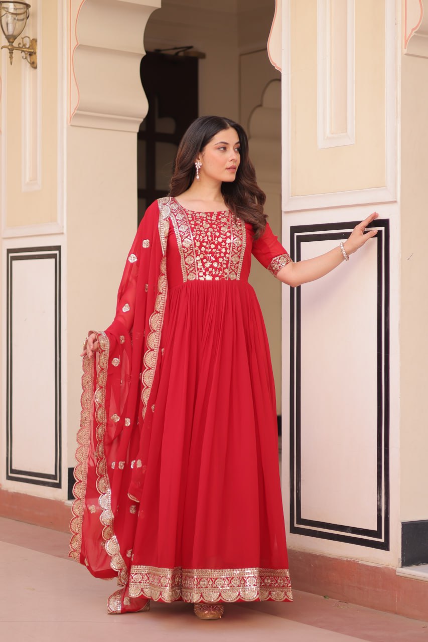 Red Elegant Faux Blooming Embroidered Gown Set with Designer Dupatta