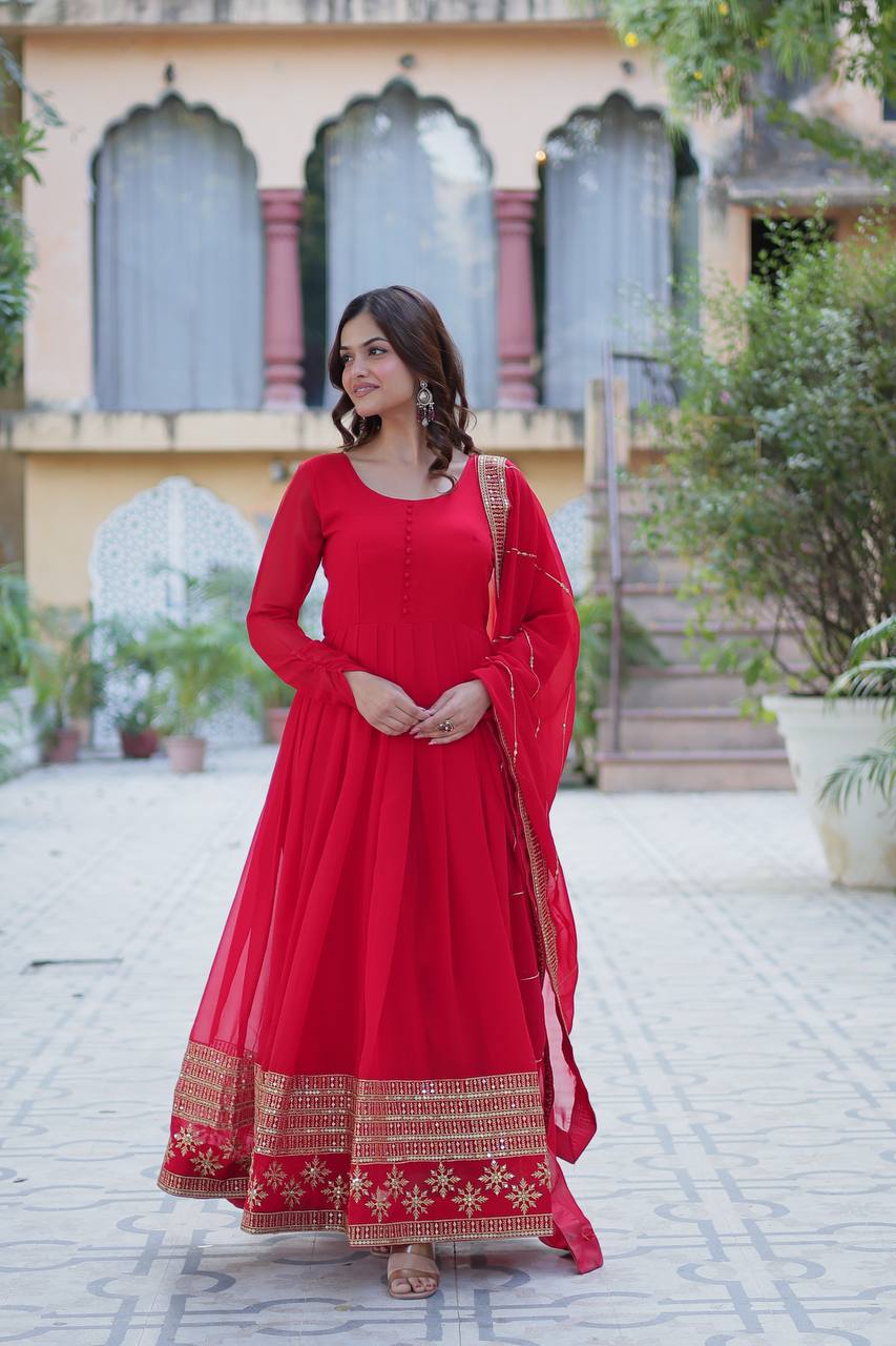 Red Elegant Faux Blooming Embroidered Gown with Dupatta