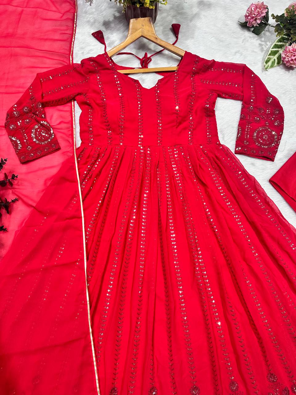Red Elegant Faux Georgette Anarkali Suit Set with All-Over Embroidery