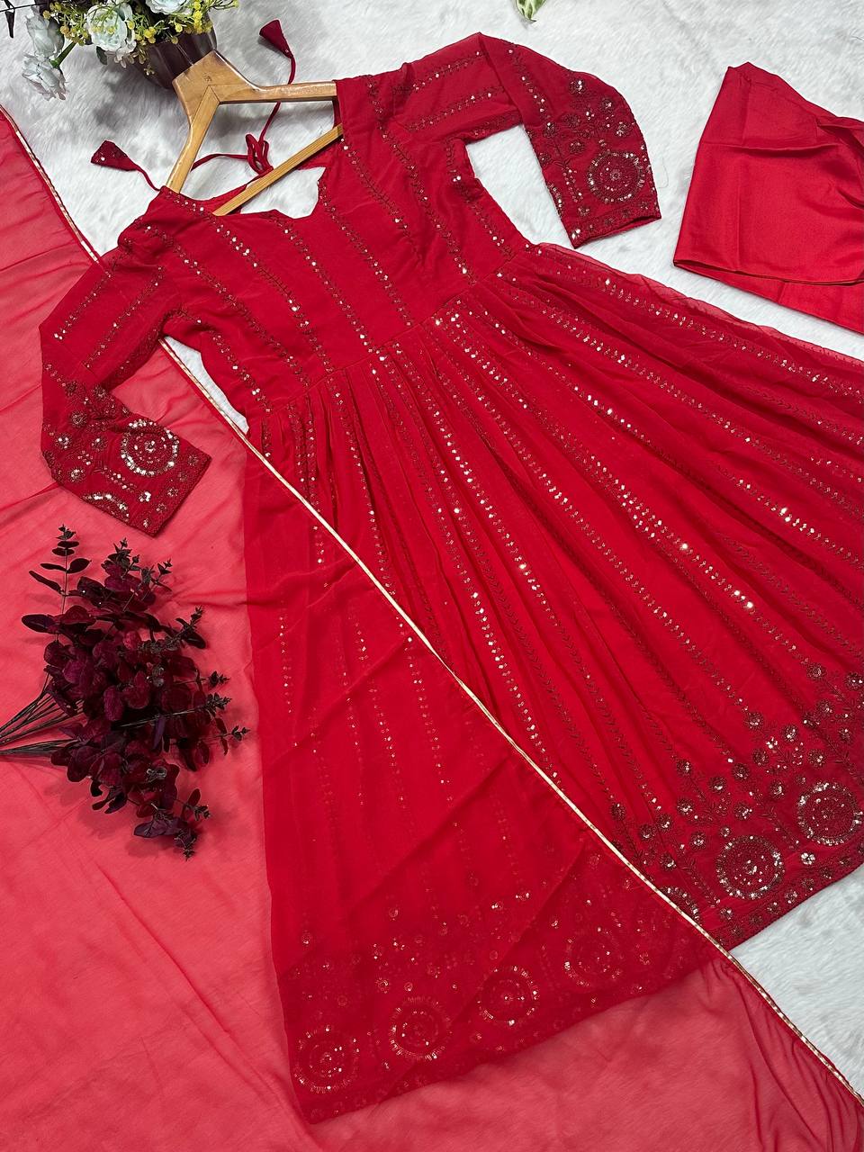 Red Elegant Faux Georgette Anarkali Suit Set with All-Over Embroidery