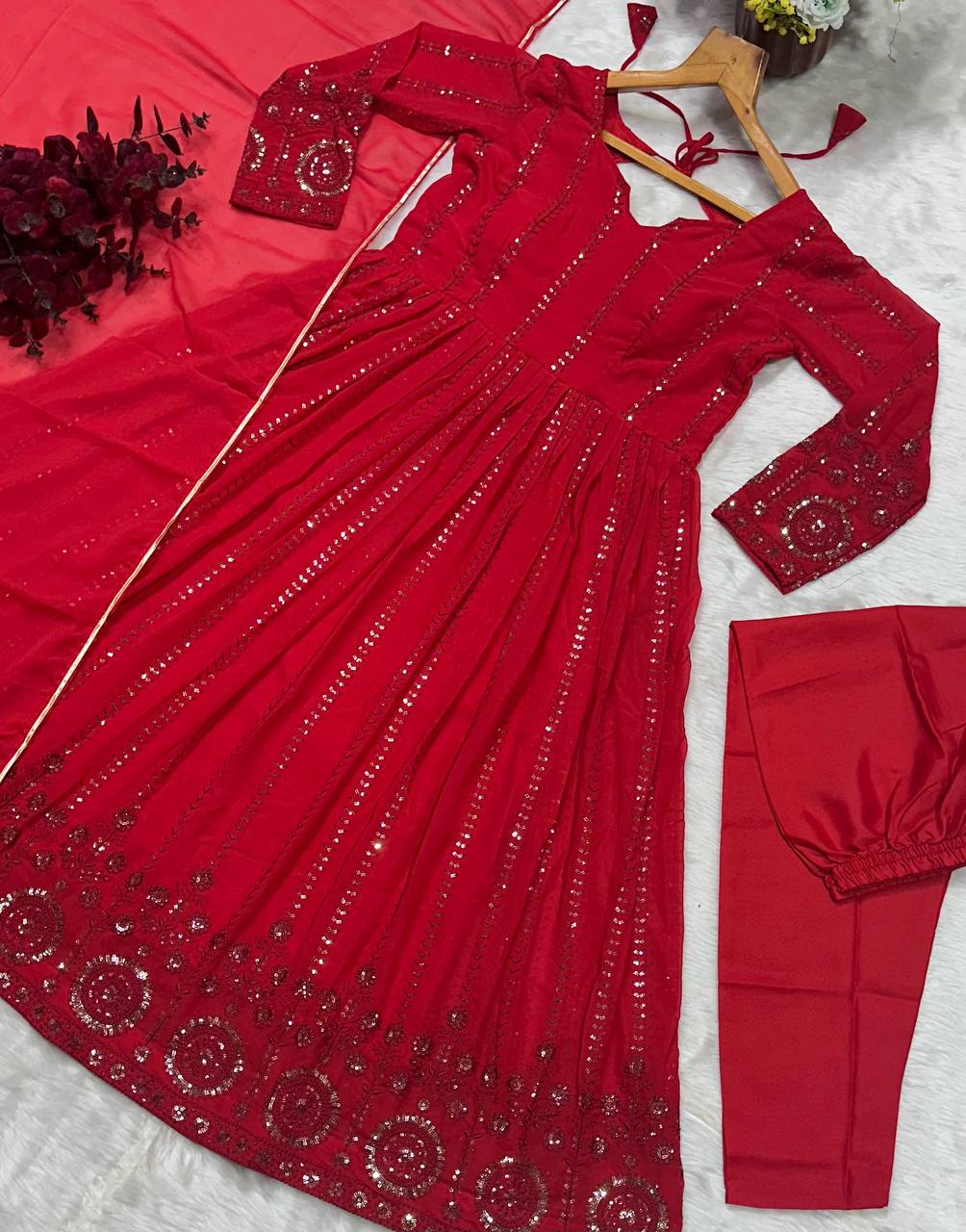 Red Elegant Faux Georgette Anarkali Suit Set with All-Over Embroidery