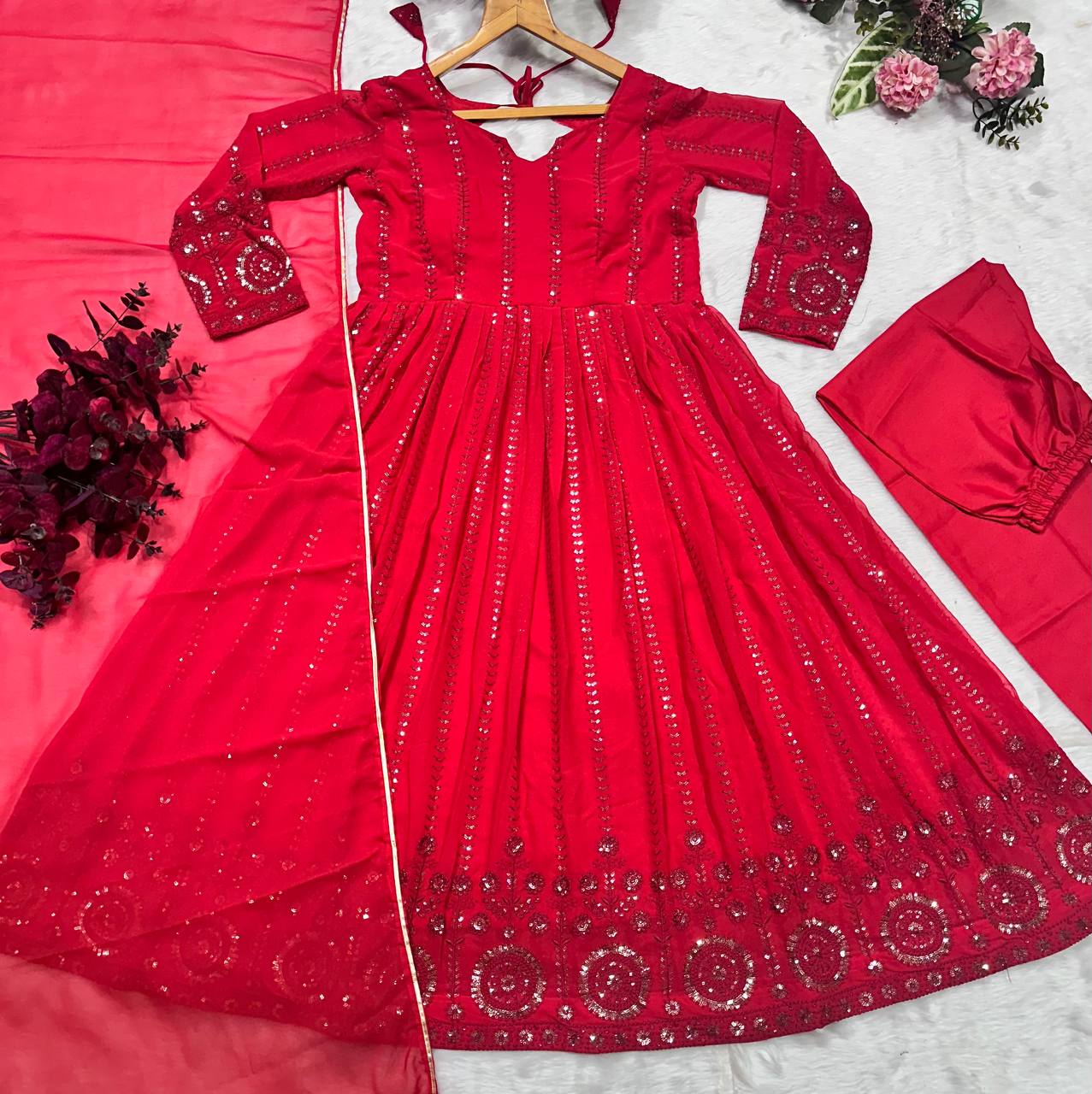 Red Elegant Faux Georgette Anarkali Suit Set with All-Over Embroidery