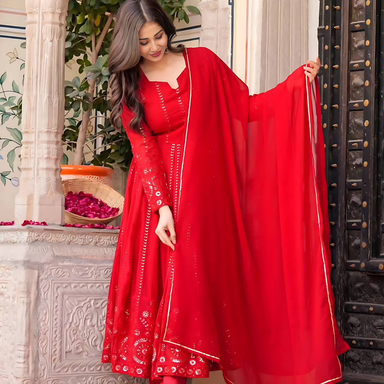 Red Elegant Faux Georgette Anarkali Suit Set with All-Over Embroidery