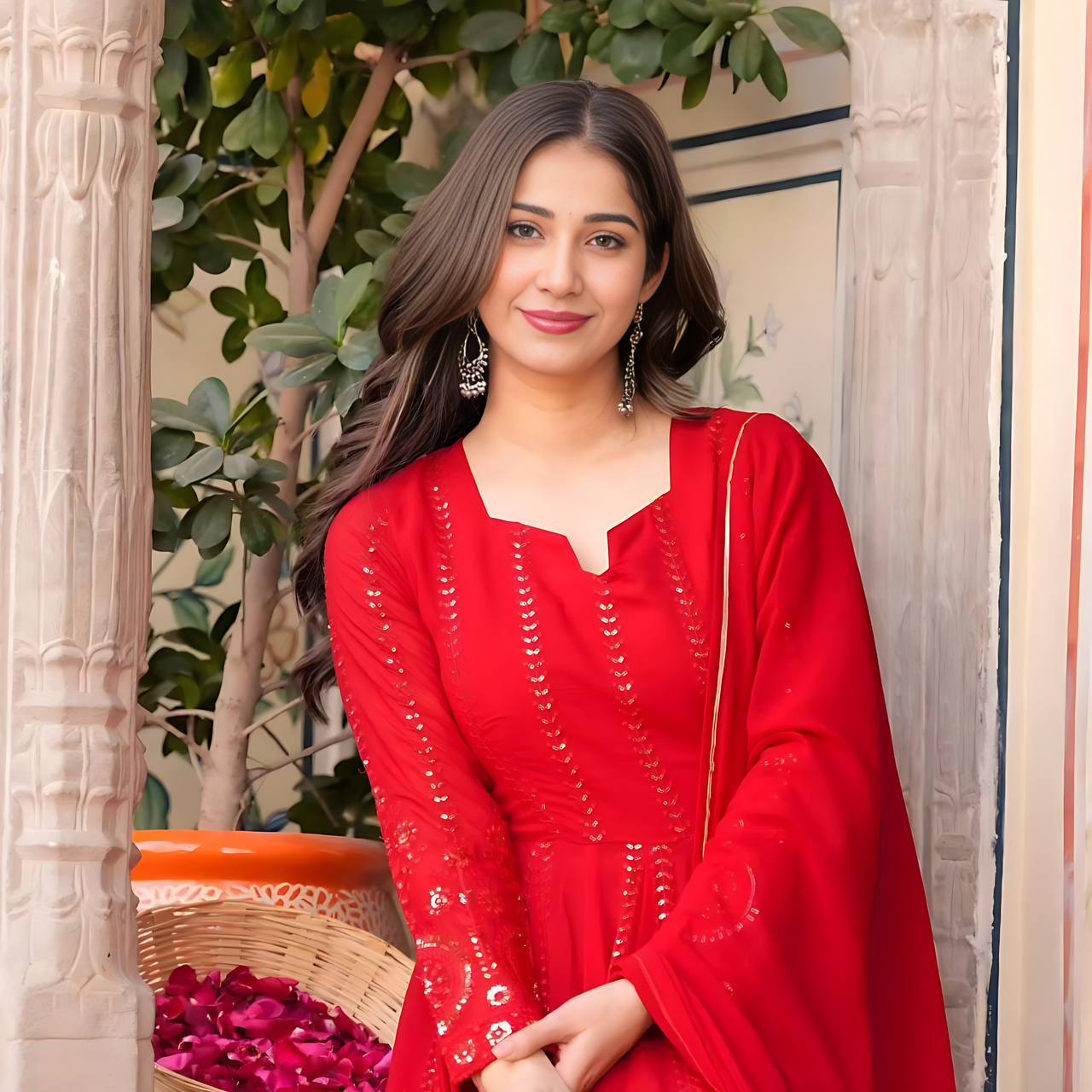 Red Elegant Faux Georgette Anarkali Suit Set with All-Over Embroidery