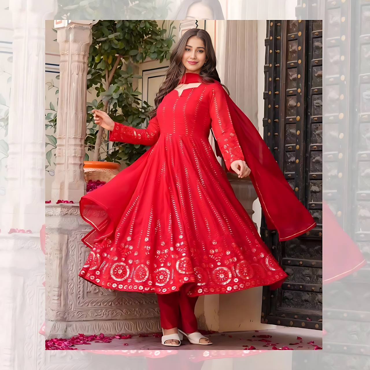 Red Elegant Faux Georgette Anarkali Suit Set with All-Over Embroidery