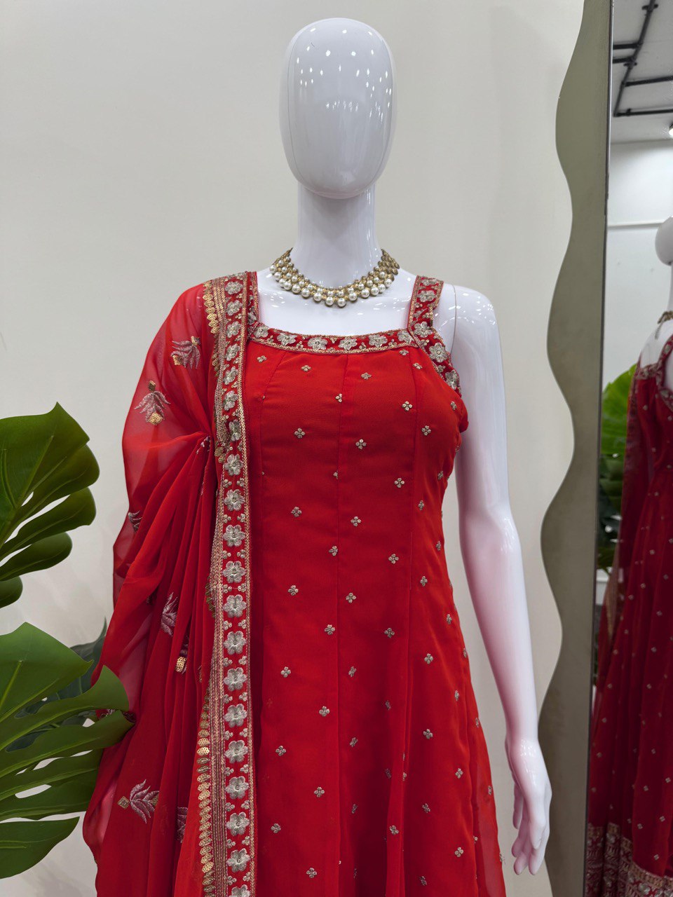 Red Elegant Faux Georgette Embroidered Gown with Dupatta