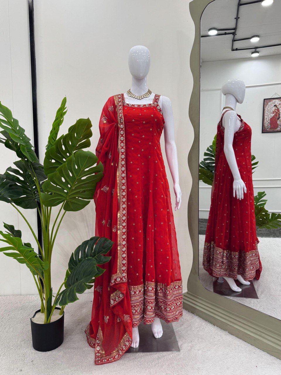 Red Elegant Faux Georgette Embroidered Gown with Dupatta