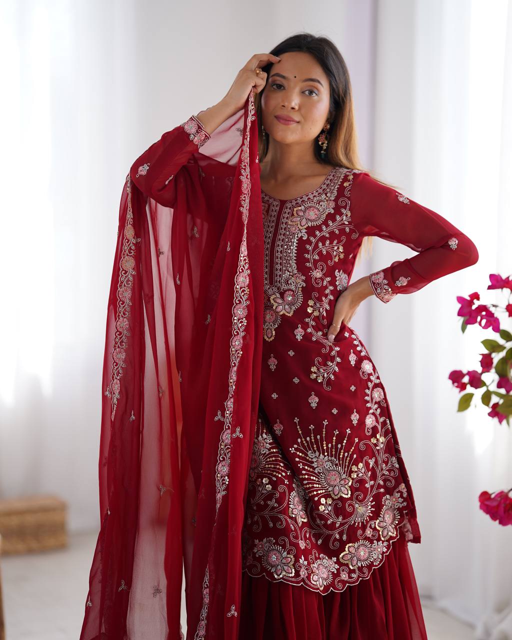 Red Elegant Faux Georgette Sharara Set