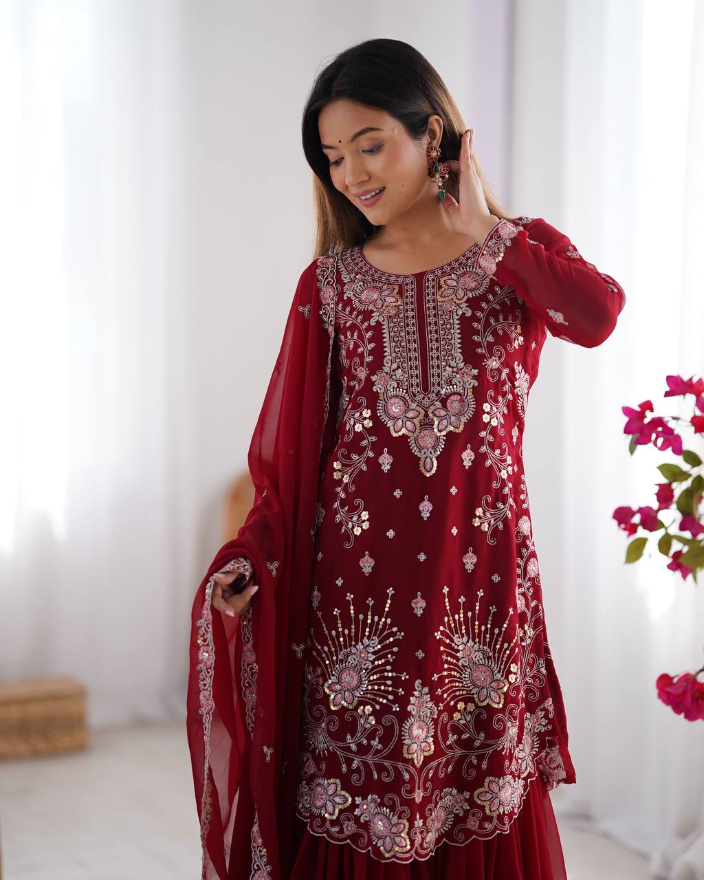 Red Elegant Faux Georgette Sharara Set