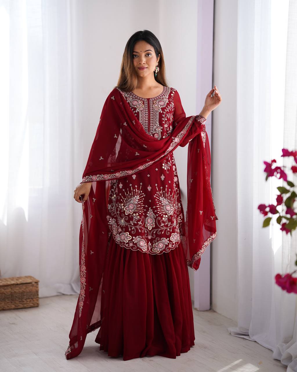 Red Elegant Faux Georgette Sharara Set