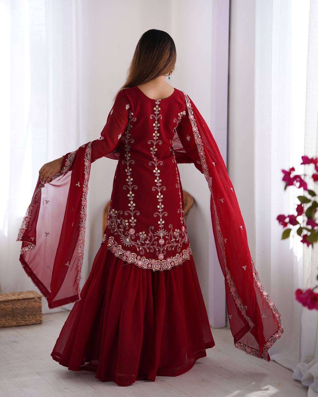 Red Elegant Faux Georgette Sharara Set