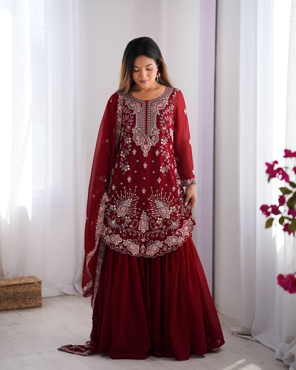 Red Elegant Faux Georgette Sharara Set