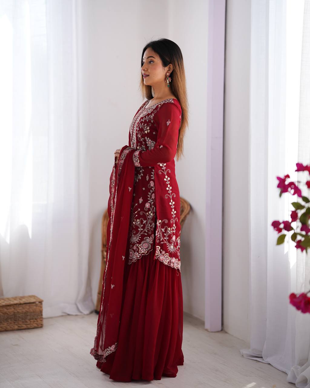 Red Elegant Faux Georgette Sharara Set