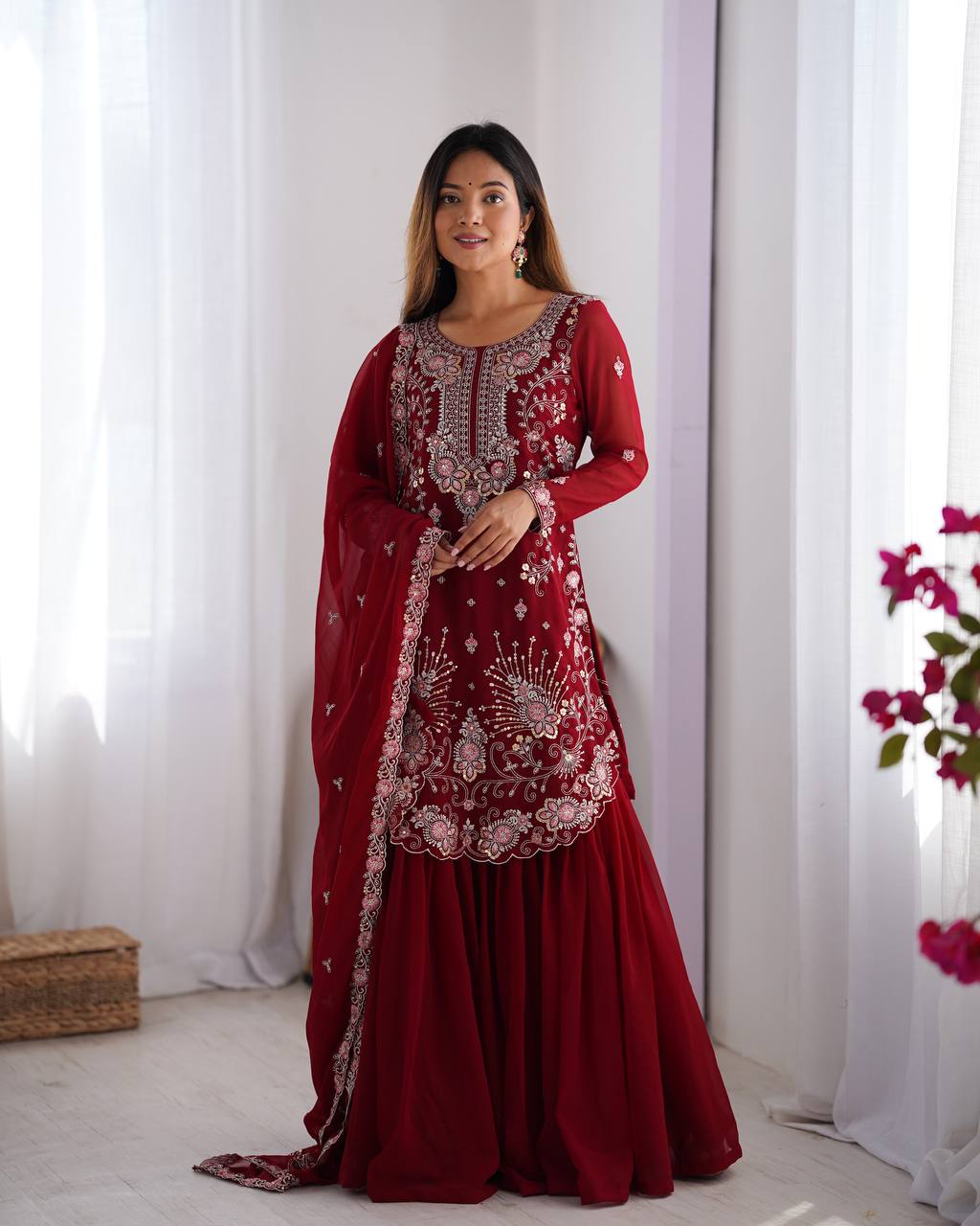 Red Elegant Faux Georgette Sharara Set