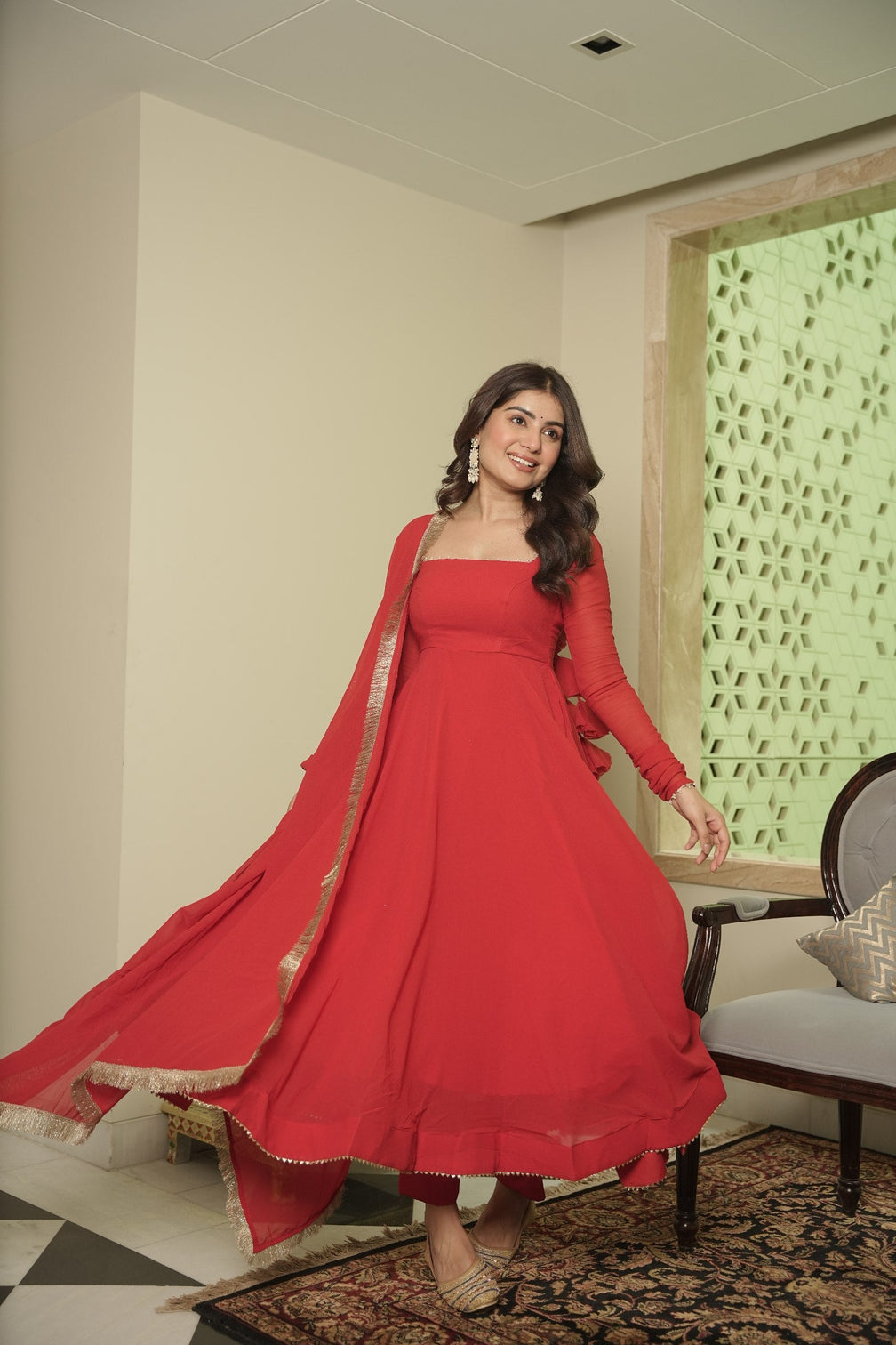 Red Elegant Georgette Anarkali Suit Set with Moti Work – 3-Piece Set