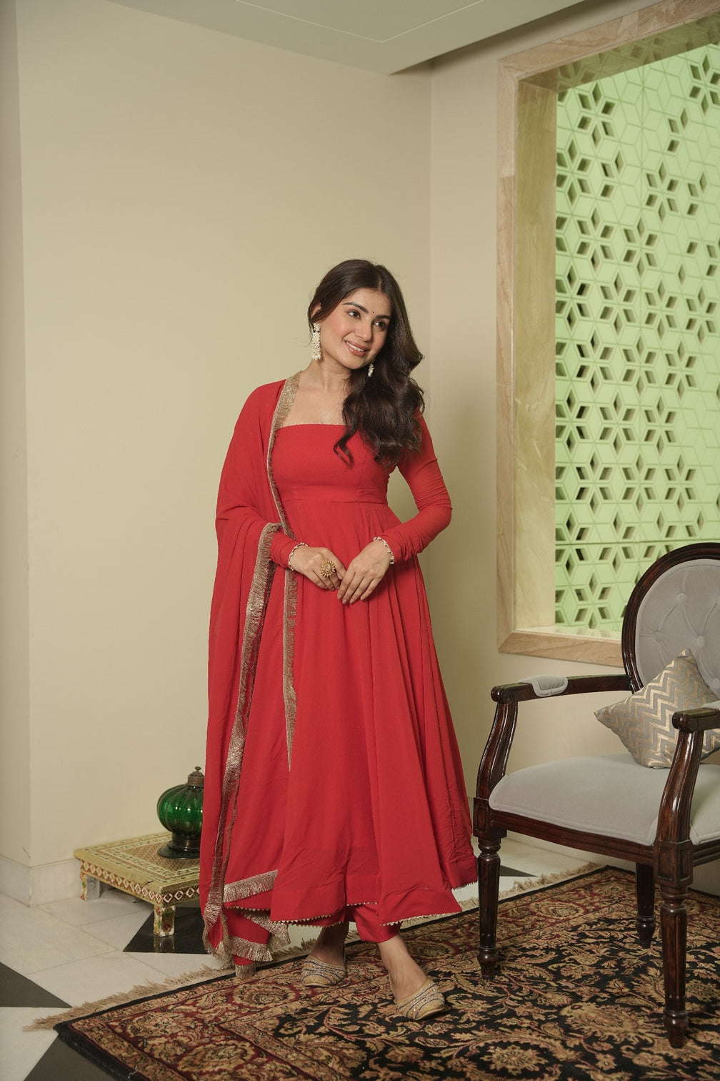 Red Elegant Georgette Anarkali Suit Set with Moti Work – 3-Piece Set