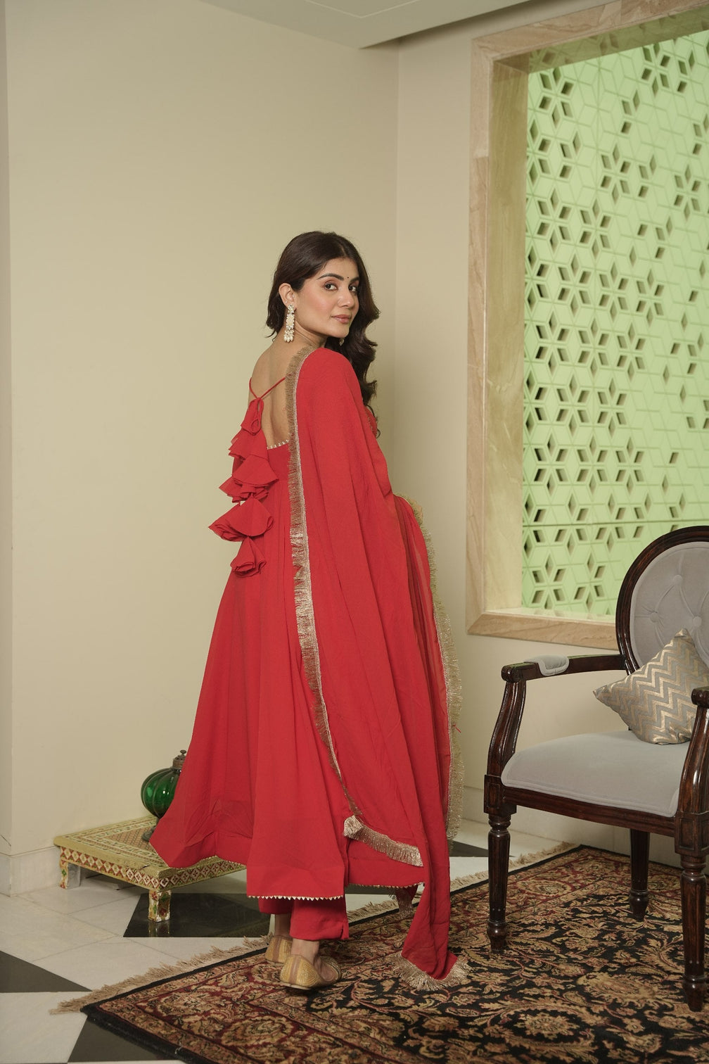 Red Elegant Georgette Anarkali Suit Set with Moti Work – 3-Piece Set