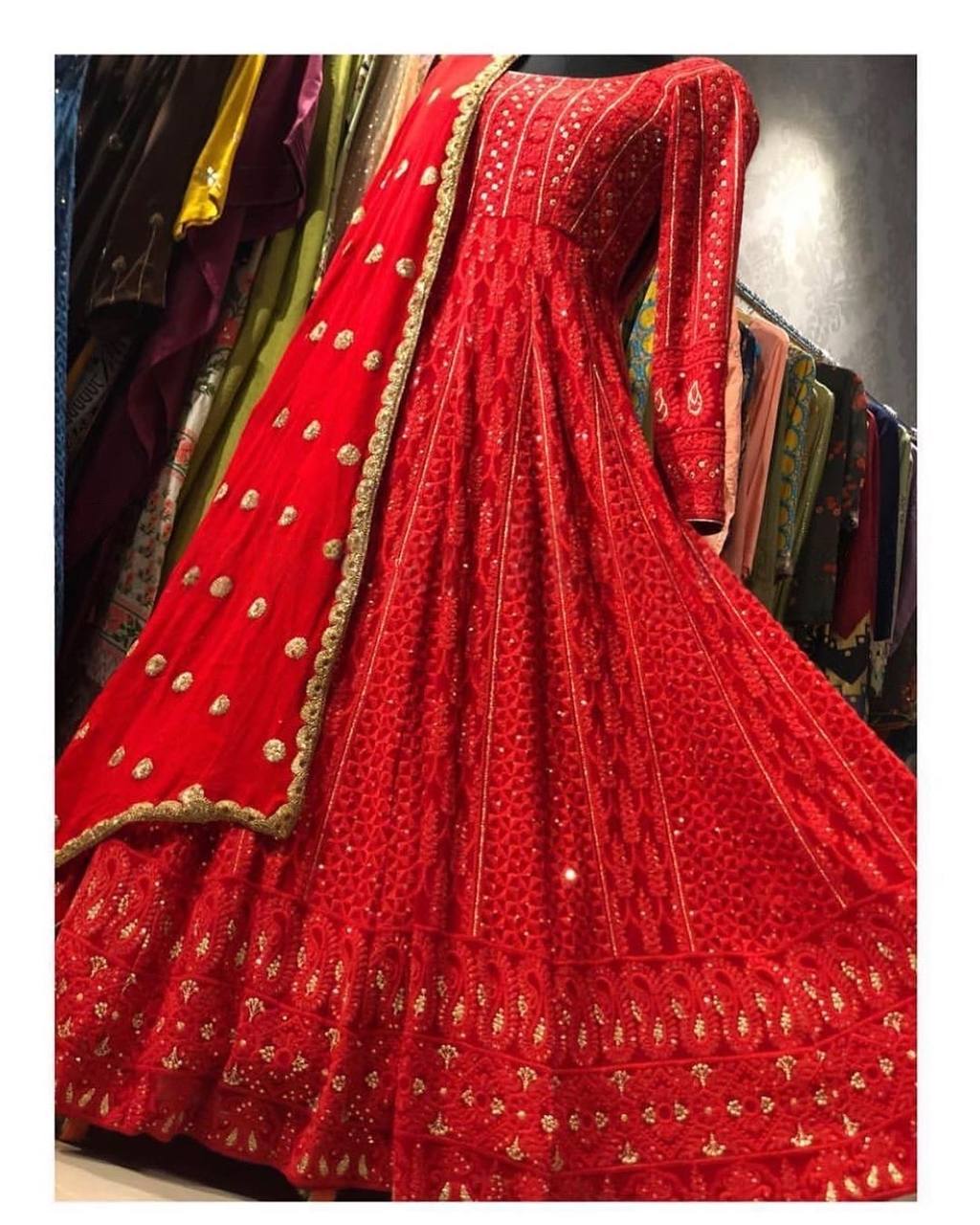 Red Elegant Georgette Chain Stitch Gown Set with Aari Work Dupatta & Satin Silk Bottom