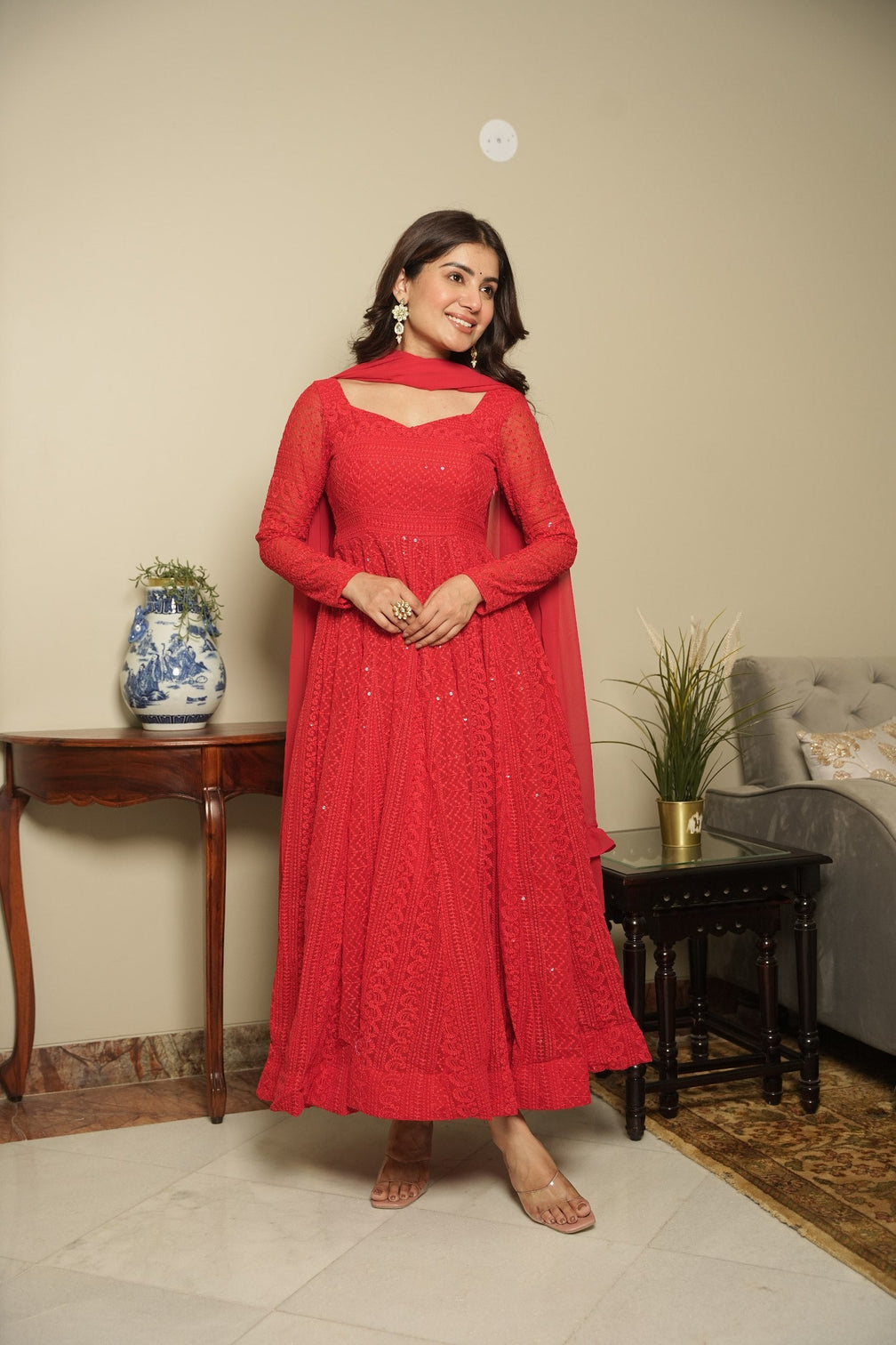Red Elegant Georgette Printed Suit Set with Tassel Dupatta – Flowy & Chic