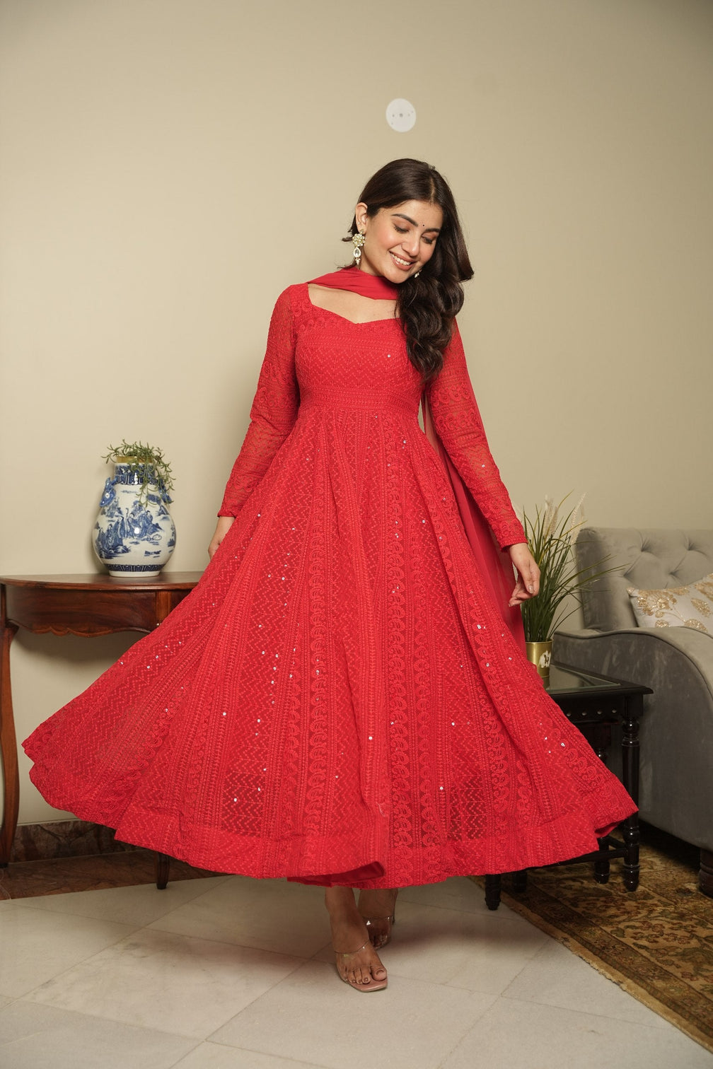 Red Elegant Georgette Printed Suit Set with Tassel Dupatta – Flowy & Chic