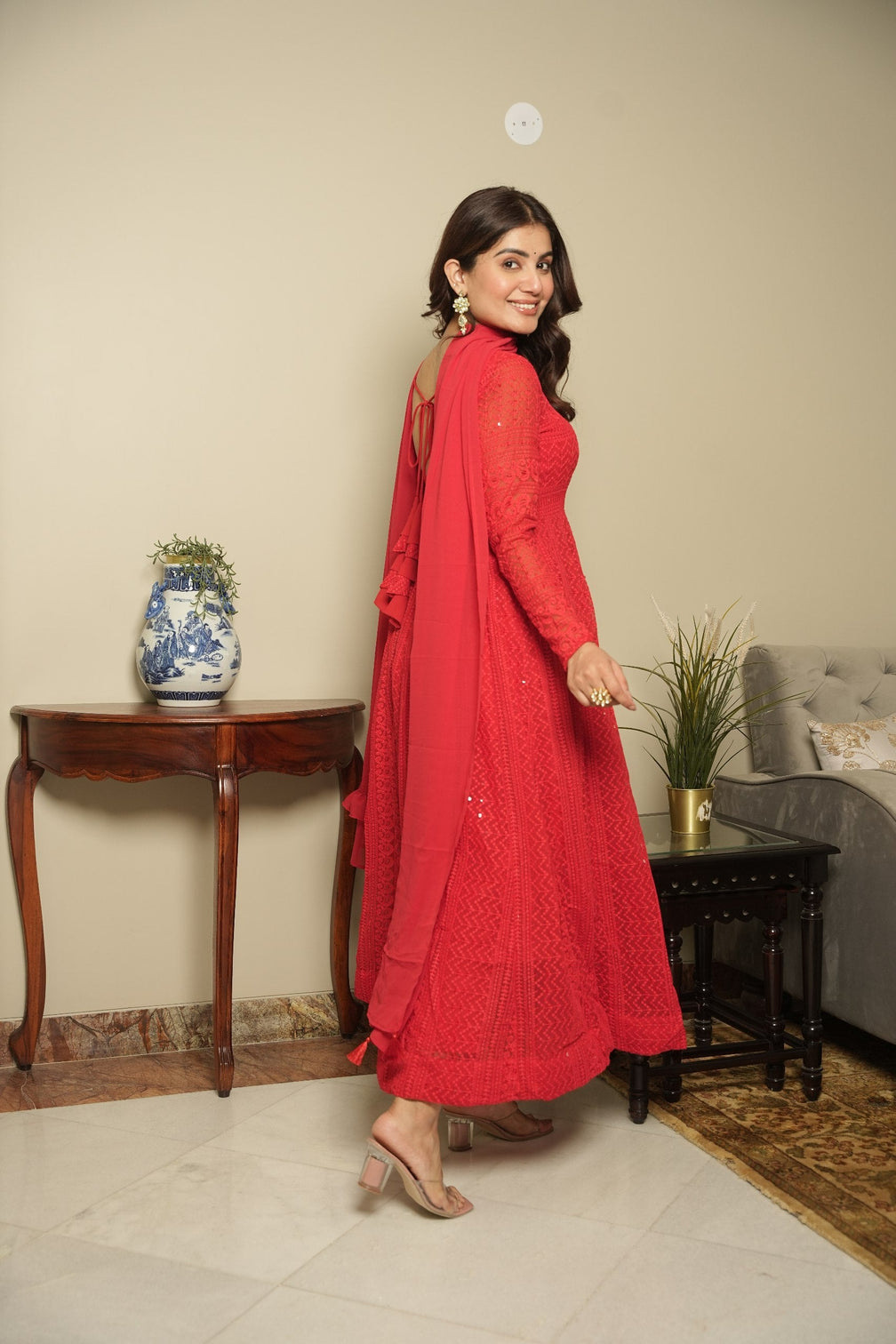 Red Elegant Georgette Printed Suit Set with Tassel Dupatta – Flowy & Chic