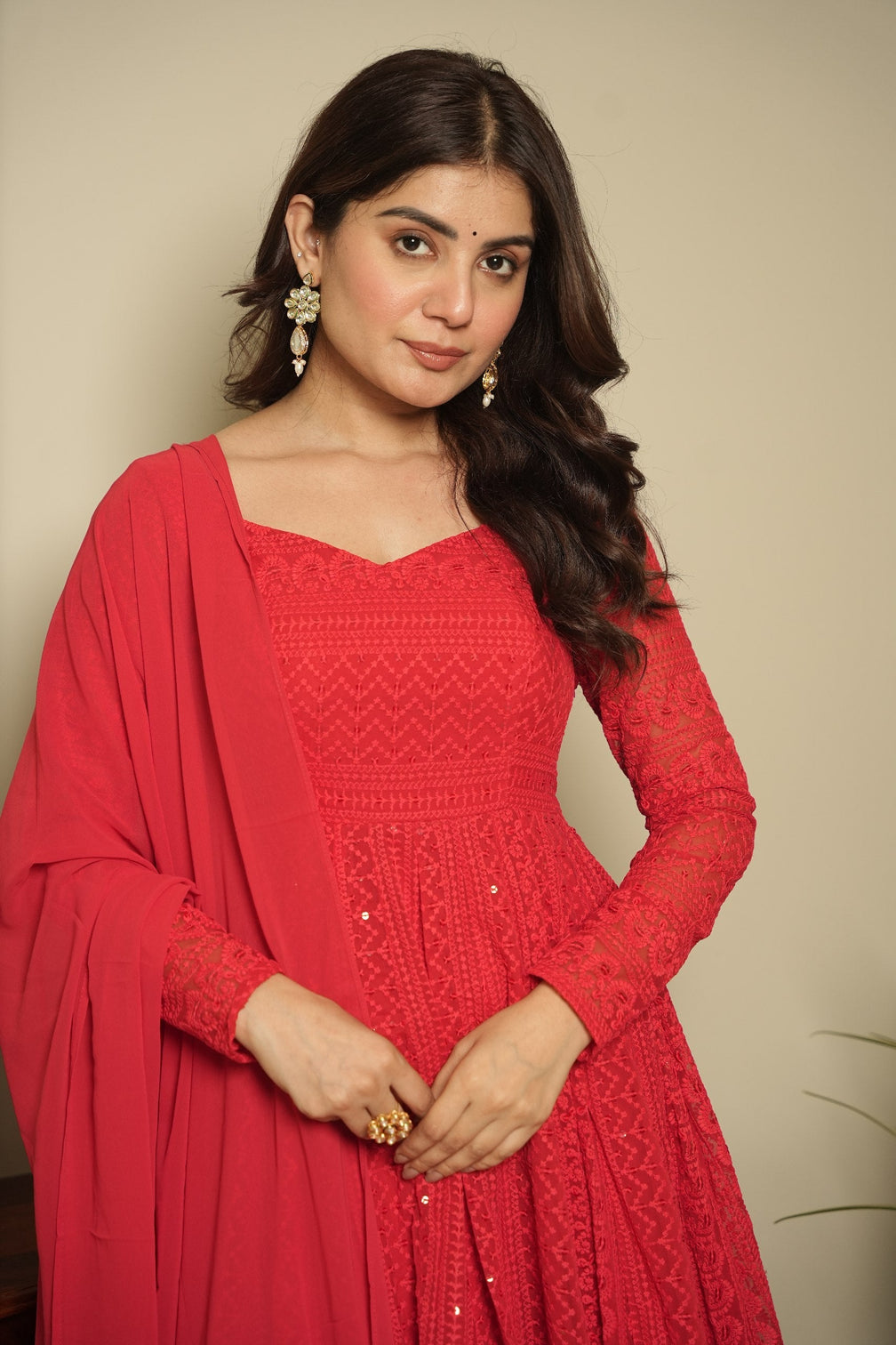 Red Elegant Georgette Printed Suit Set with Tassel Dupatta – Flowy & Chic