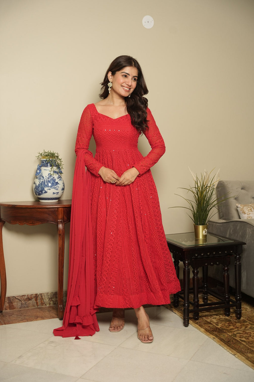Red Elegant Georgette Printed Suit Set with Tassel Dupatta – Flowy & Chic