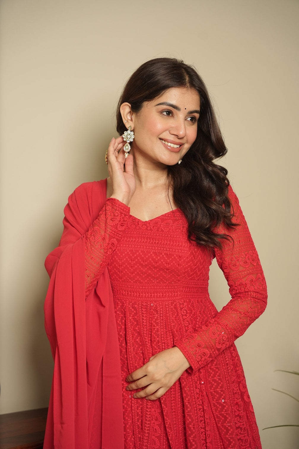 Red Elegant Georgette Printed Suit Set with Tassel Dupatta – Flowy & Chic