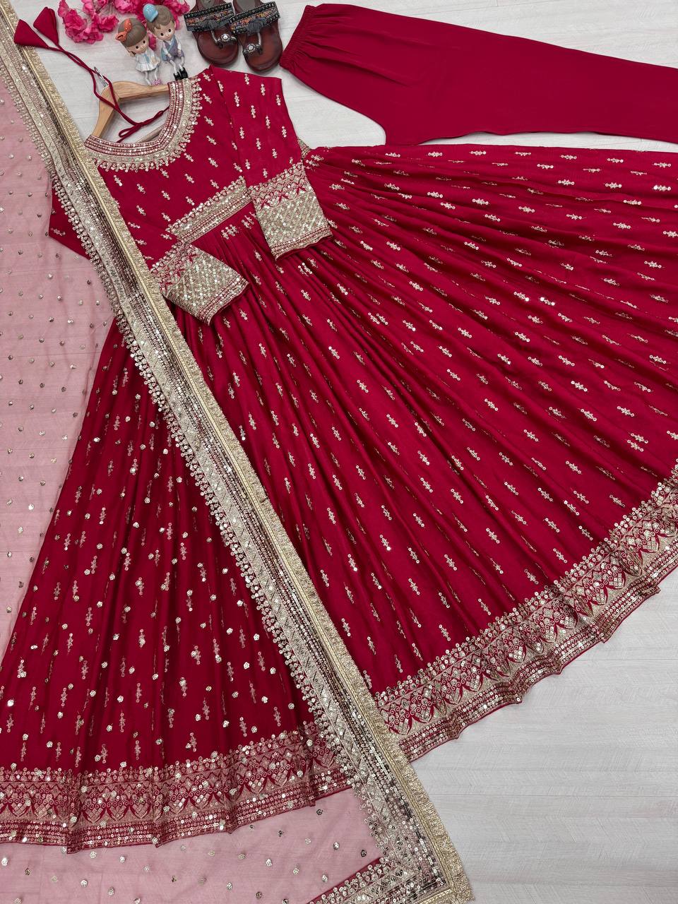 Red Elegant Heavy Chinon Silk Embroidered Gown Set with Tassel Sleeves, Bottom & Butterfly Net Dupatta