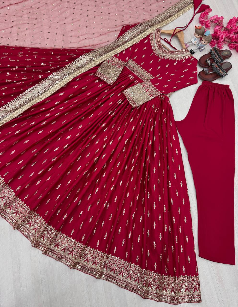 Red Elegant Heavy Chinon Silk Embroidered Gown Set with Tassel Sleeves, Bottom & Butterfly Net Dupatta