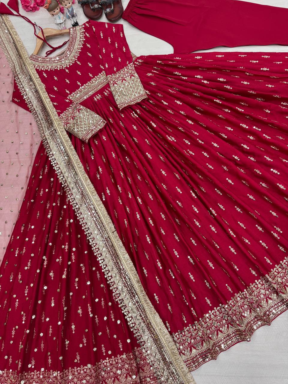 Red Elegant Heavy Chinon Silk Embroidered Gown Set with Tassel Sleeves, Bottom & Butterfly Net Dupatta