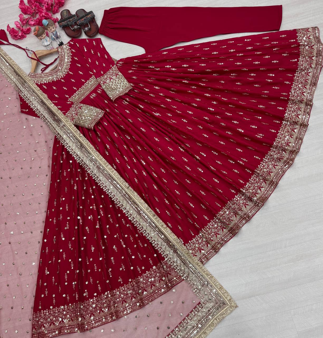 Red Elegant Heavy Chinon Silk Embroidered Gown Set with Tassel Sleeves, Bottom & Butterfly Net Dupatta