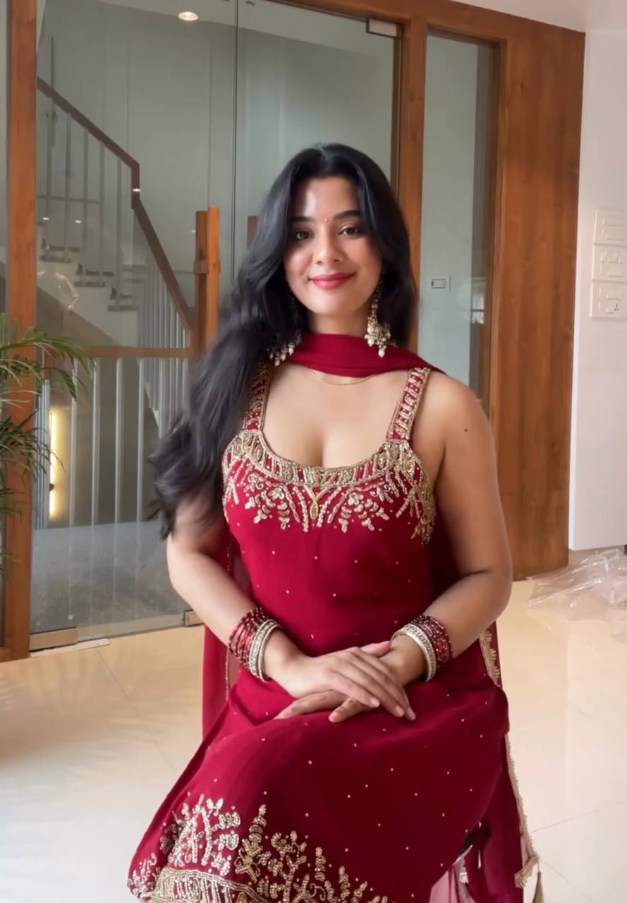 Red Elegant Heavy Faux Georgette Handworked Top with Palazzo & Dupatta Set
