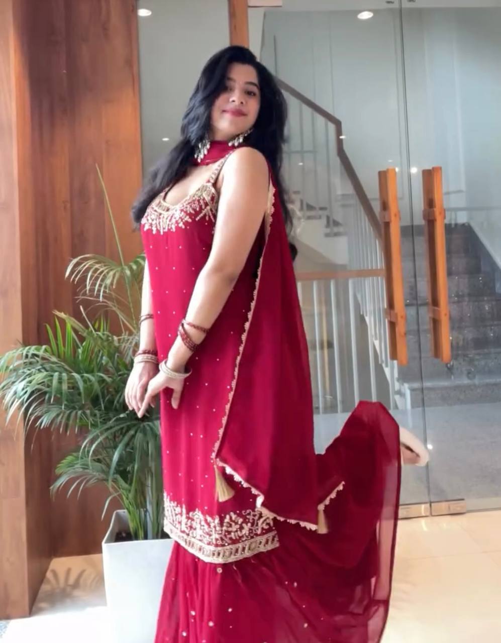 Red Elegant Heavy Faux Georgette Handworked Top with Palazzo & Dupatta Set