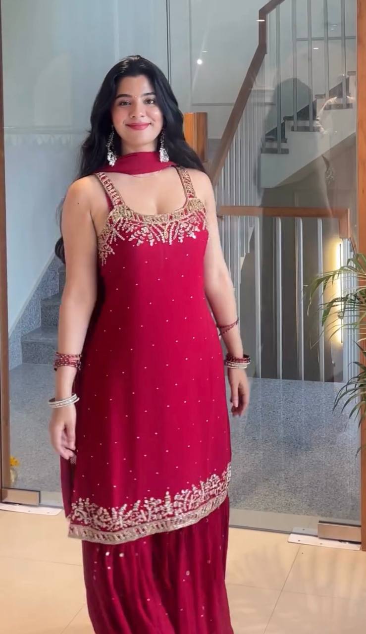 Red Elegant Heavy Faux Georgette Handworked Top with Palazzo & Dupatta Set
