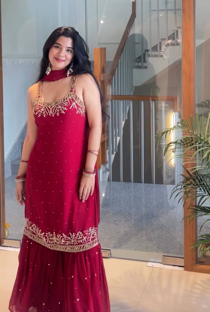 Red Elegant Heavy Faux Georgette Handworked Top with Palazzo & Dupatta Set