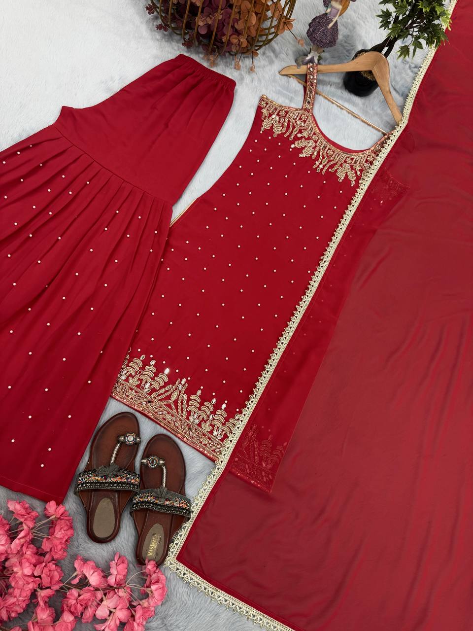 Red Elegant Heavy Faux Georgette Handworked Top with Palazzo & Dupatta Set