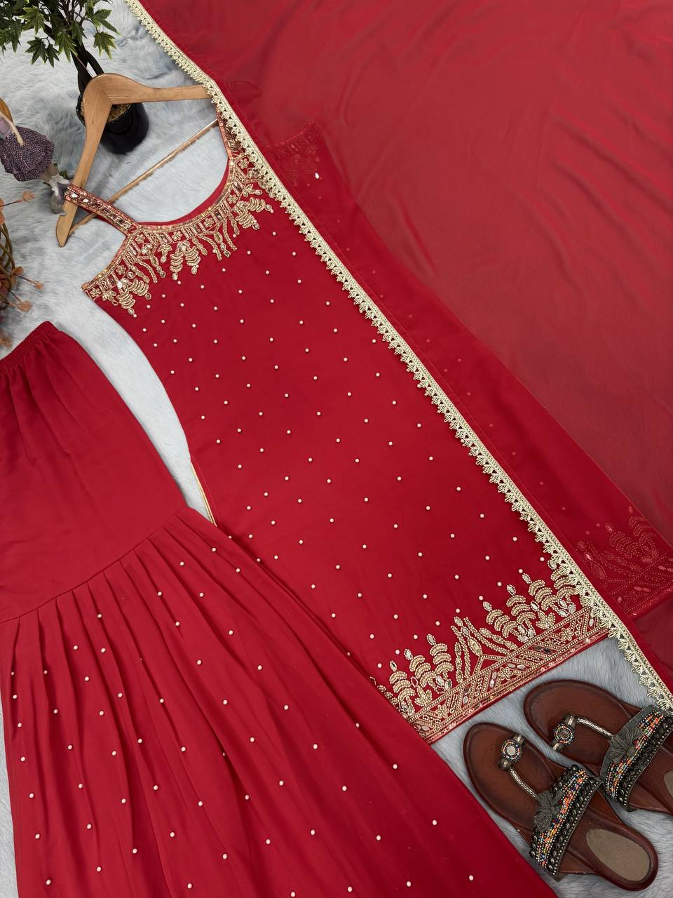 Red Elegant Heavy Faux Georgette Handworked Top with Palazzo & Dupatta Set