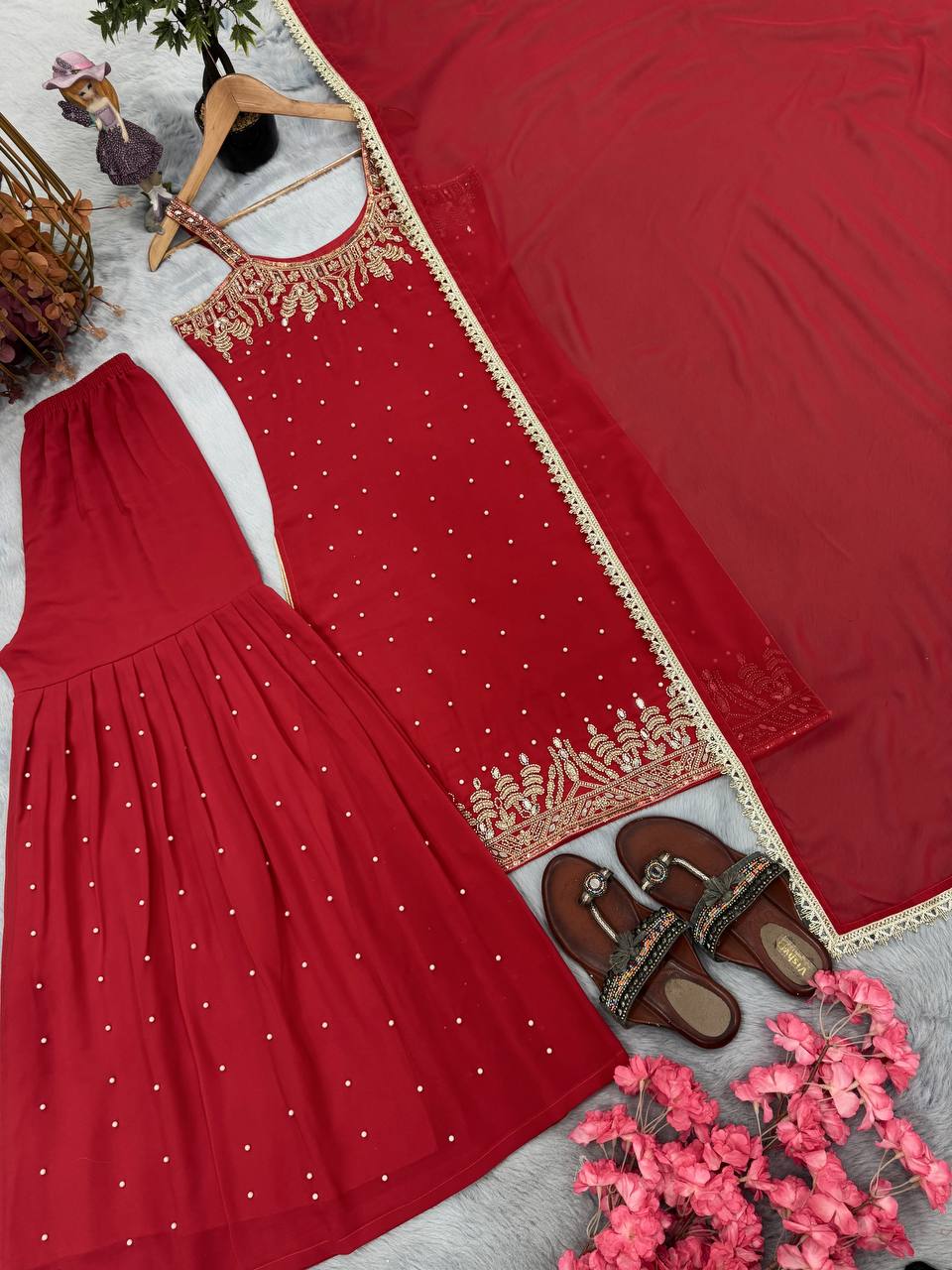 Red Elegant Heavy Faux Georgette Handworked Top with Palazzo & Dupatta Set