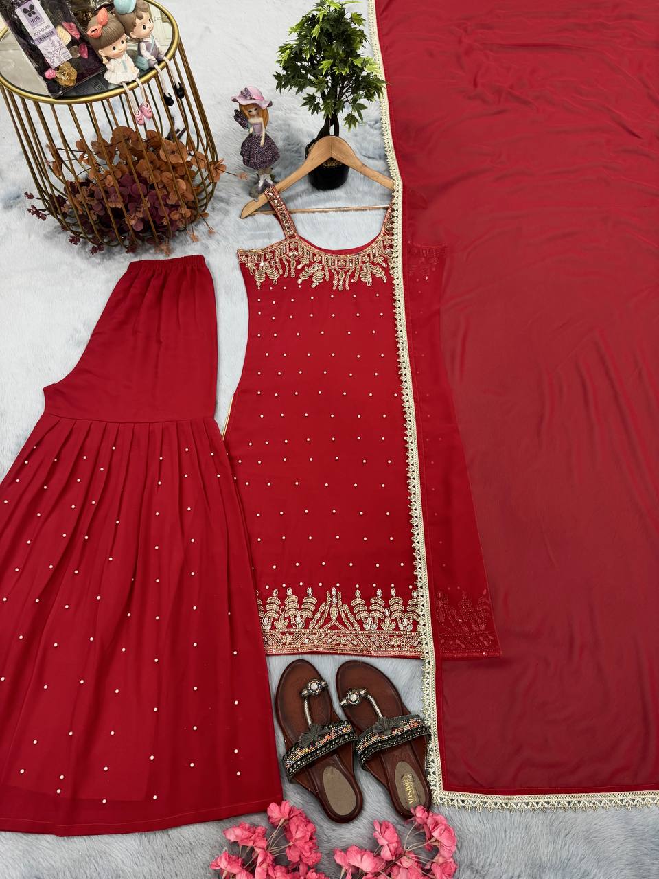 Red Elegant Heavy Faux Georgette Handworked Top with Palazzo & Dupatta Set