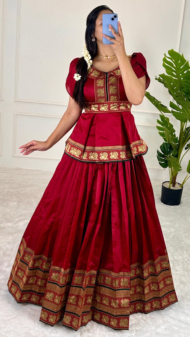 Red Elegant Jequard Silk Lehenga Set