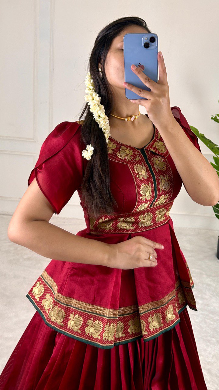 Red Elegant Jequard Silk Lehenga Set