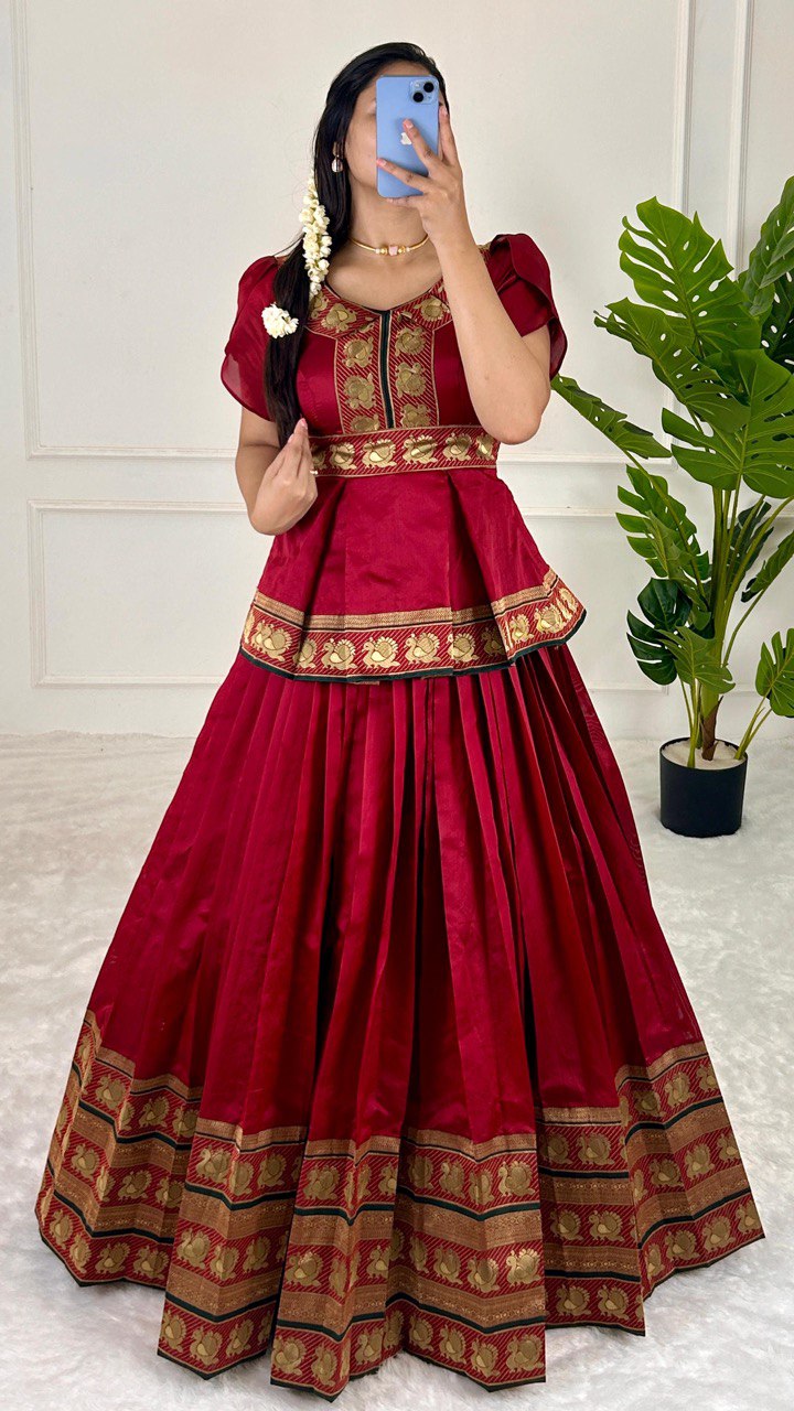 Red Elegant Jequard Silk Lehenga Set